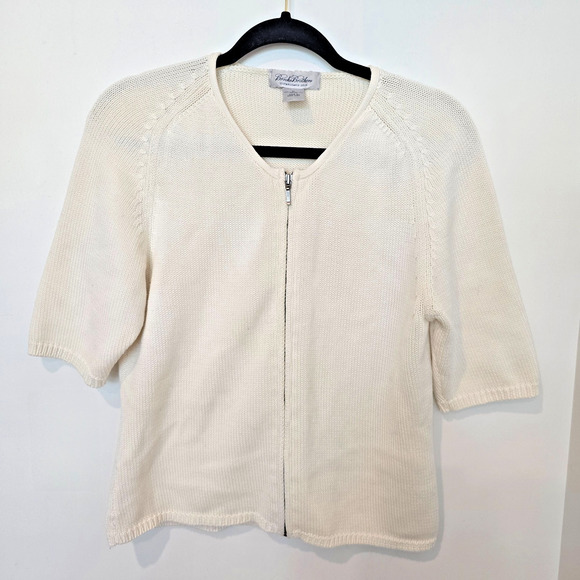 Brooks Brothers Womens Cotton Cardigan Medium Cream Short Sleeve Zip Up Sweater - Picture 1 of 8